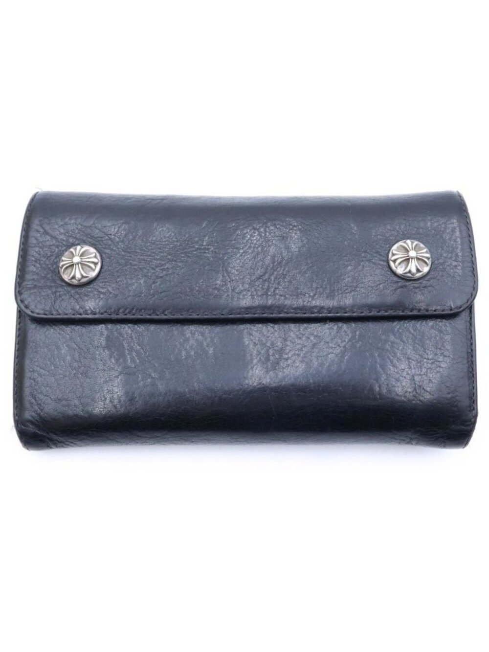 Chrome Hearts Wave Cross Ball Button Leather Wallet Card Case Black